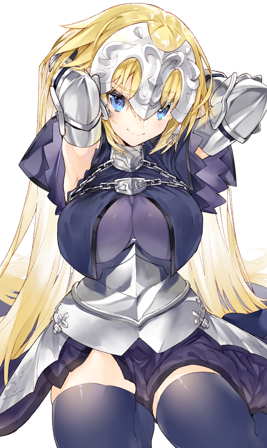 1girl, absurdres, armor, armored_dress, armpits, arms_behind_head, blonde_hair, blue_eyes