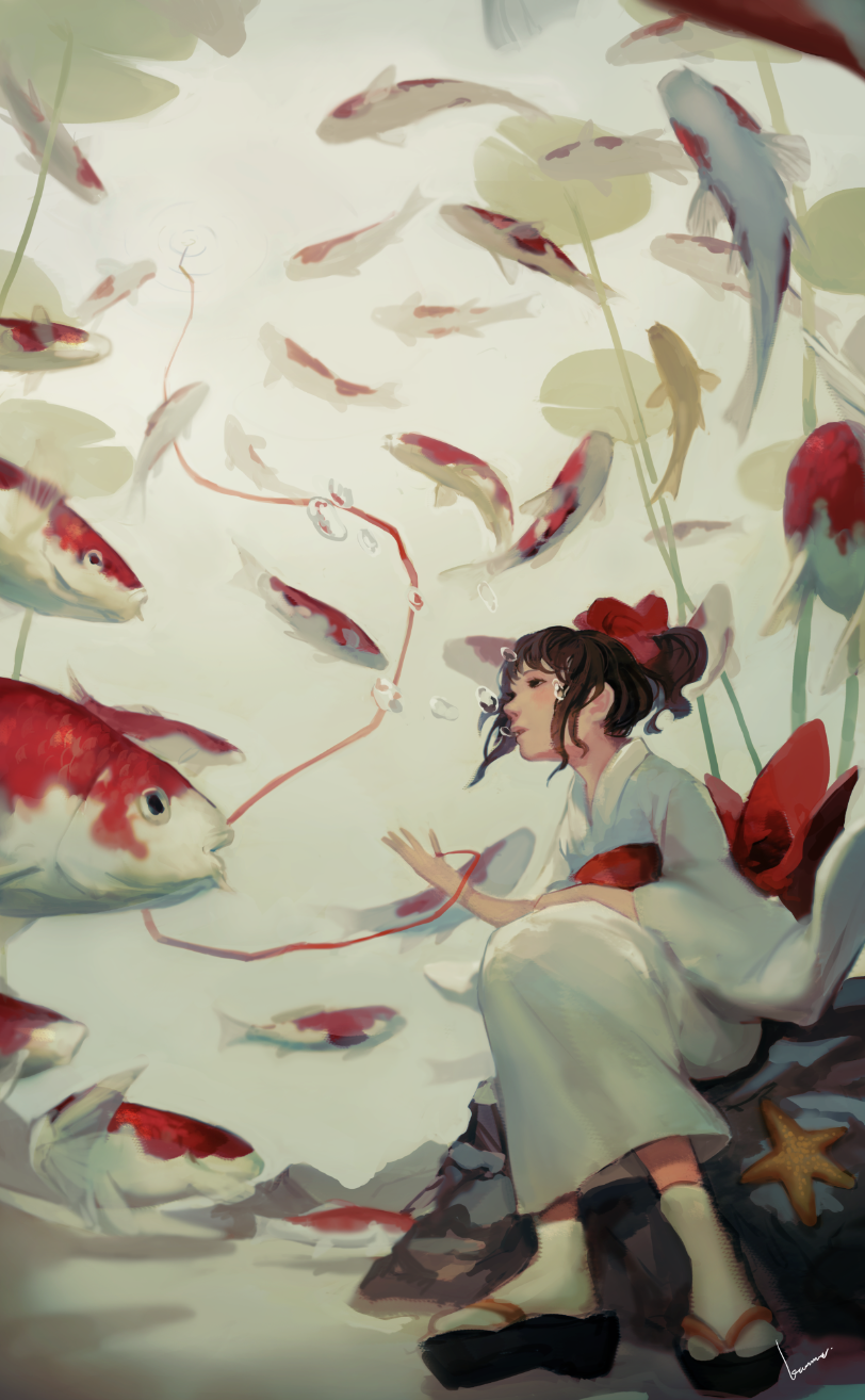 1girl, bow, brown_hair, bubble, commentary_request, fish, from_below, geta