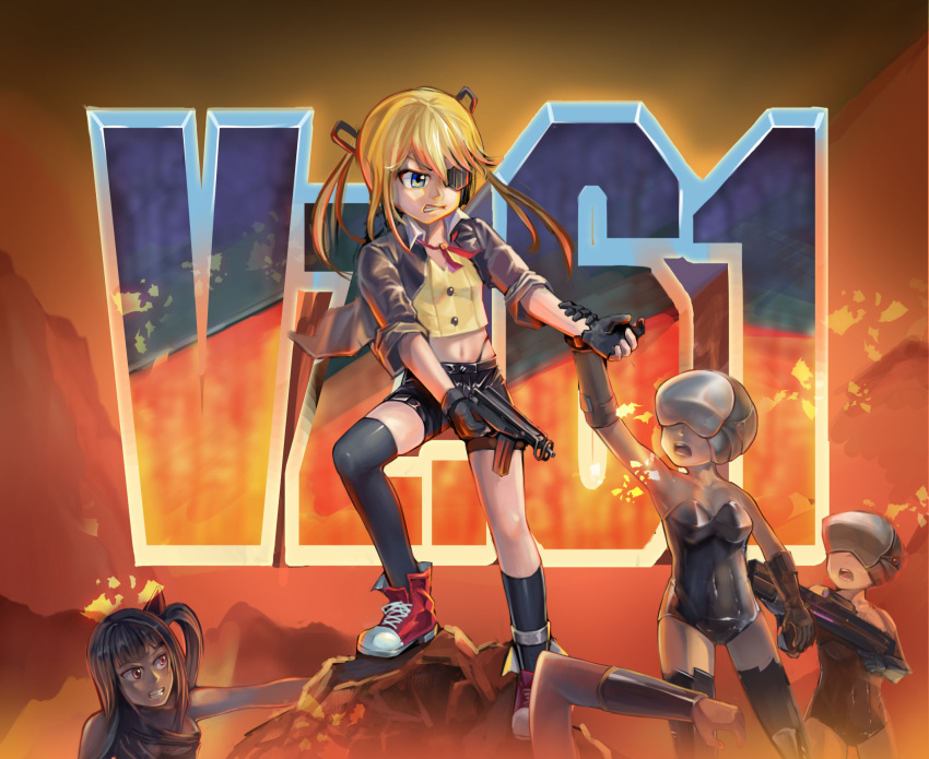 4girls, android, architect_(girls_frontline), artist_request, assault_rifle, black_hair, blonde_hair, character_name