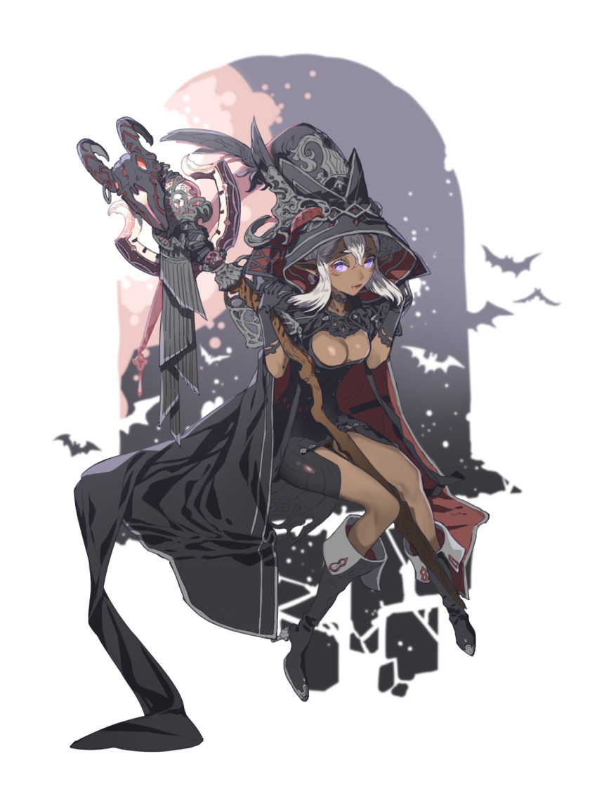 1girl, animal_skull, bat, black_footwear, black_gloves, breasts, choker, dark_skin