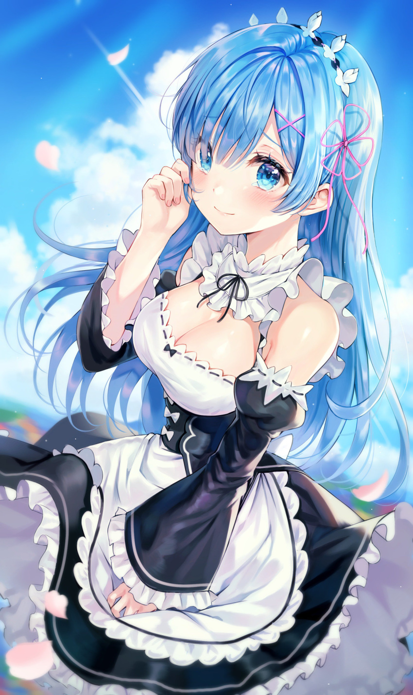 1girl, absurdres, apron, bare_shoulders, black_dress, blue_eyes, blue_hair, blue_sky