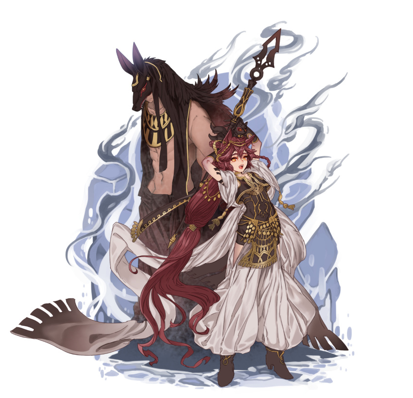 1boy, 1girl, animal_ears, anubis, arm_tattoo, arms_up, black_footwear, black_sclera