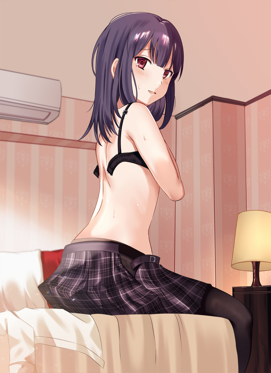 1girl, back, bangs, bare_back, bare_shoulders, bed_sheet, bedroom, black_bra