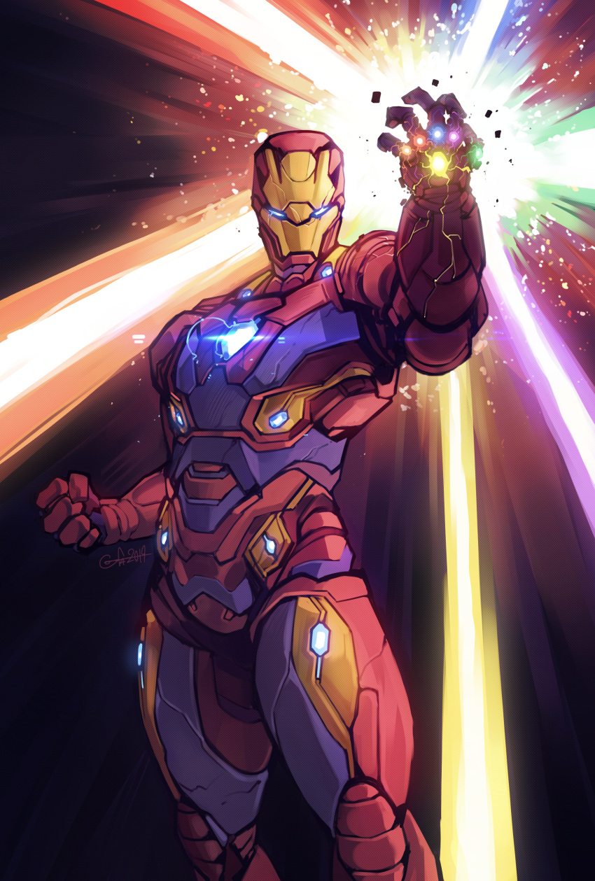 1boy, absurdres, arm_up, armor, avengers, avengers:_endgame, bodysuit, crack
