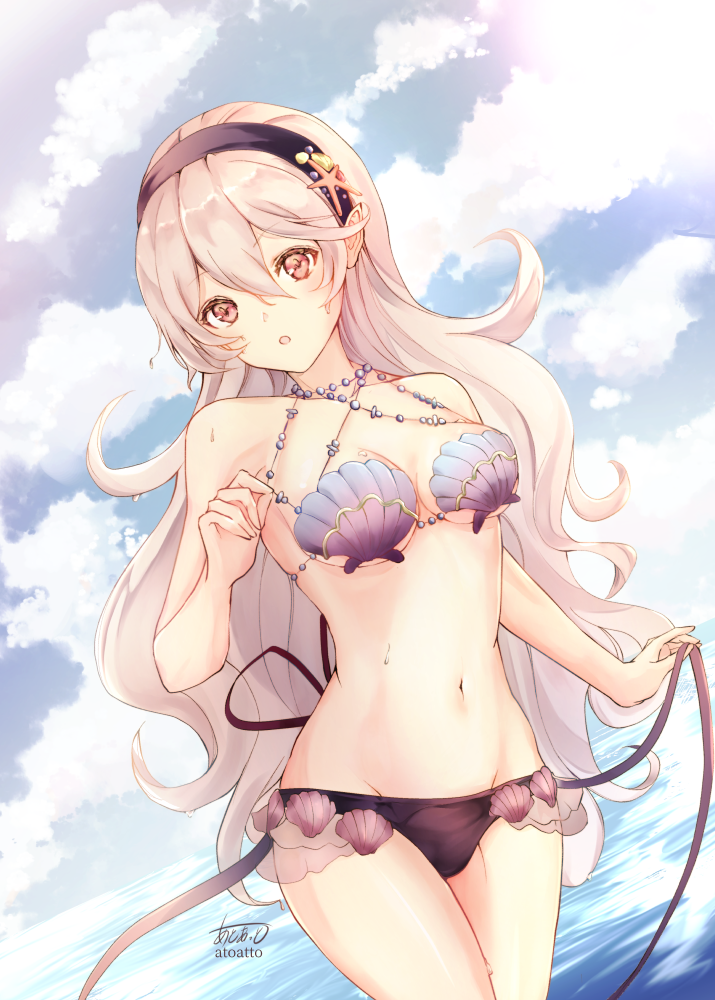 1girl, :o, artist_name, atoatto, bangs, bare_arms, bare_shoulders, bikini
