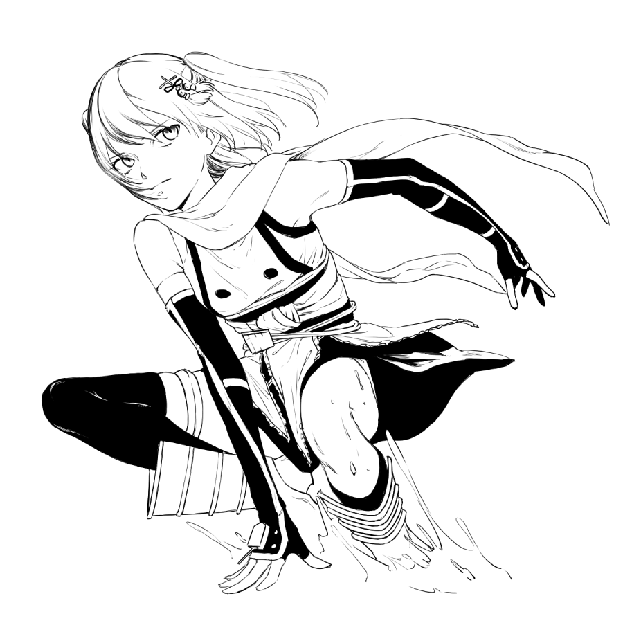 1girl, arm_between_legs, armored_boots, armpits, asymmetrical_legwear, bangs, bare_shoulders, boots