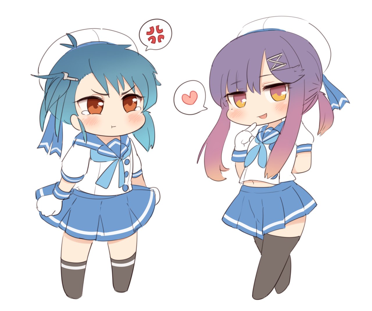 2girls, anger_vein, black_legwear, blue_hair, blue_neckwear, blue_ribbon, blue_sailor_collar, blue_skirt