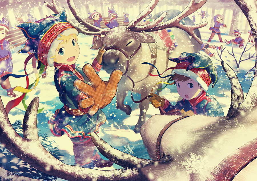 6+boys, animal, blonde_hair, blue_coat, blue_eyes, blue_headwear, breath, brown_hair