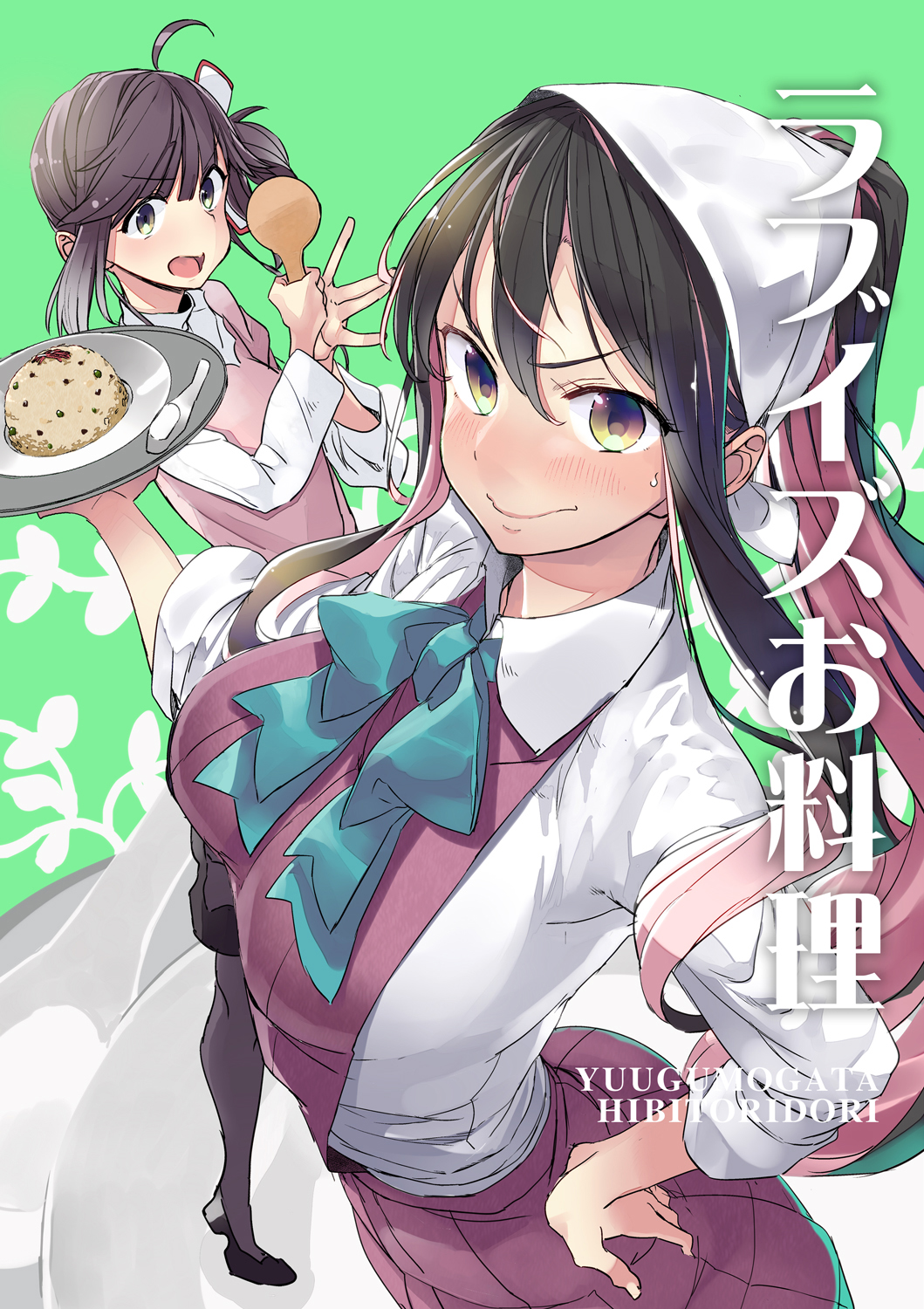2girls, ahoge, bandanna, black_hair, black_legwear, breasts, commentary_request, cover