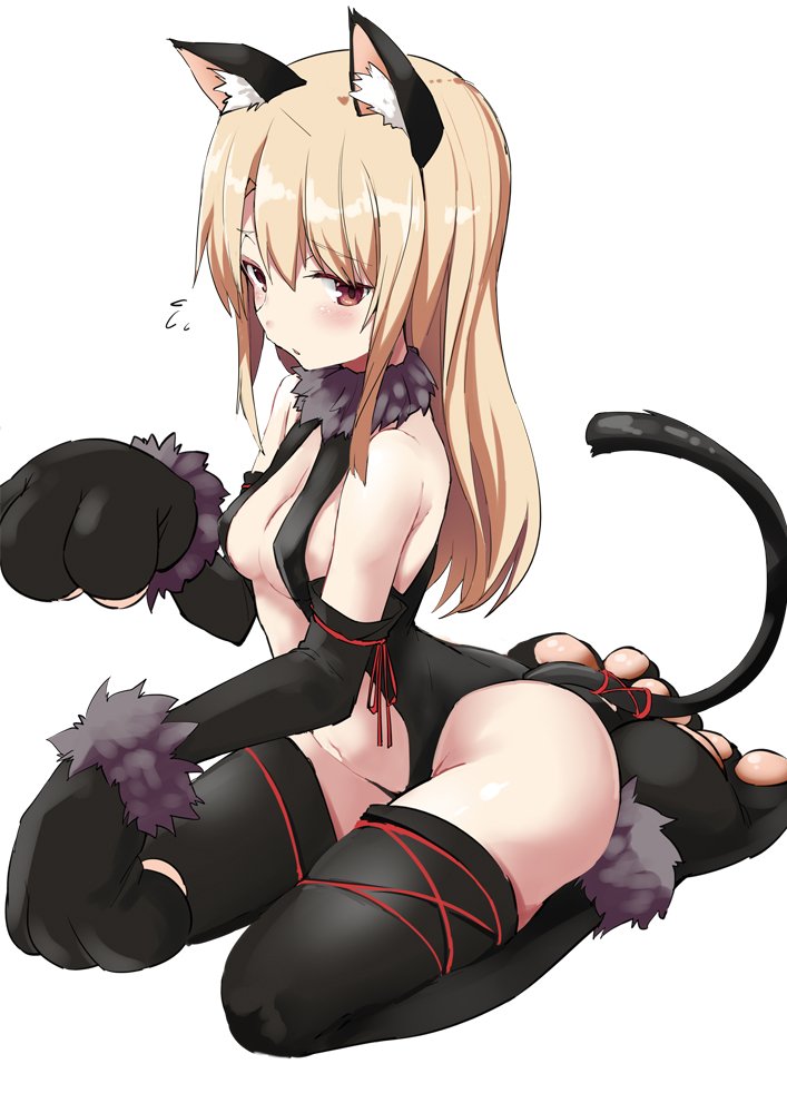 1girl, animal_costume, animal_ears, bangs, black_footwear, black_gloves, black_leotard, blush, boots, breasts, cat_costume, cat_ears, cat_tail, cleavage, commentary_request, elbow_gloves, eyebrows_visible_through_hair, fake_animal_ears, fake_tail, fate/stay_night, fate_(series), flying_sweatdrops, full_body, fur_collar, gloves, half-closed_eyes, illyasviel_von_einzbern, leotard, light_frown, long_hair, looking_at_viewer, medium_breasts, navel, noa_(nagareboshi), parted_lips, paw_boots, paw_gloves, paws, simple_background, sitting, solo, stomach_cutout, tail, thigh-highs, thigh_boots, thighs, wariza, white_background