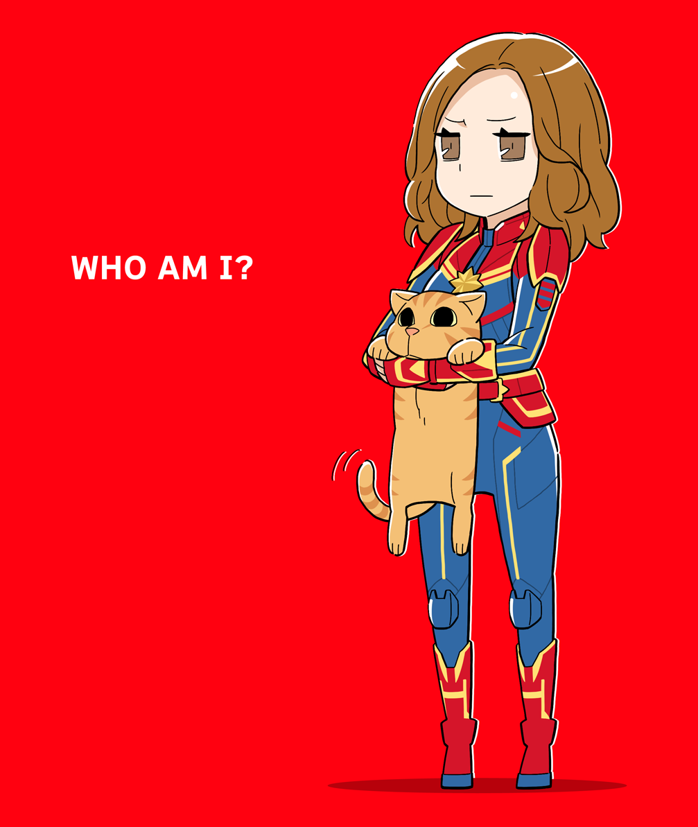 1girl, :|, bodysuit, brown_eyes, brown_hair, captain_marvel, carol_danvers, cat