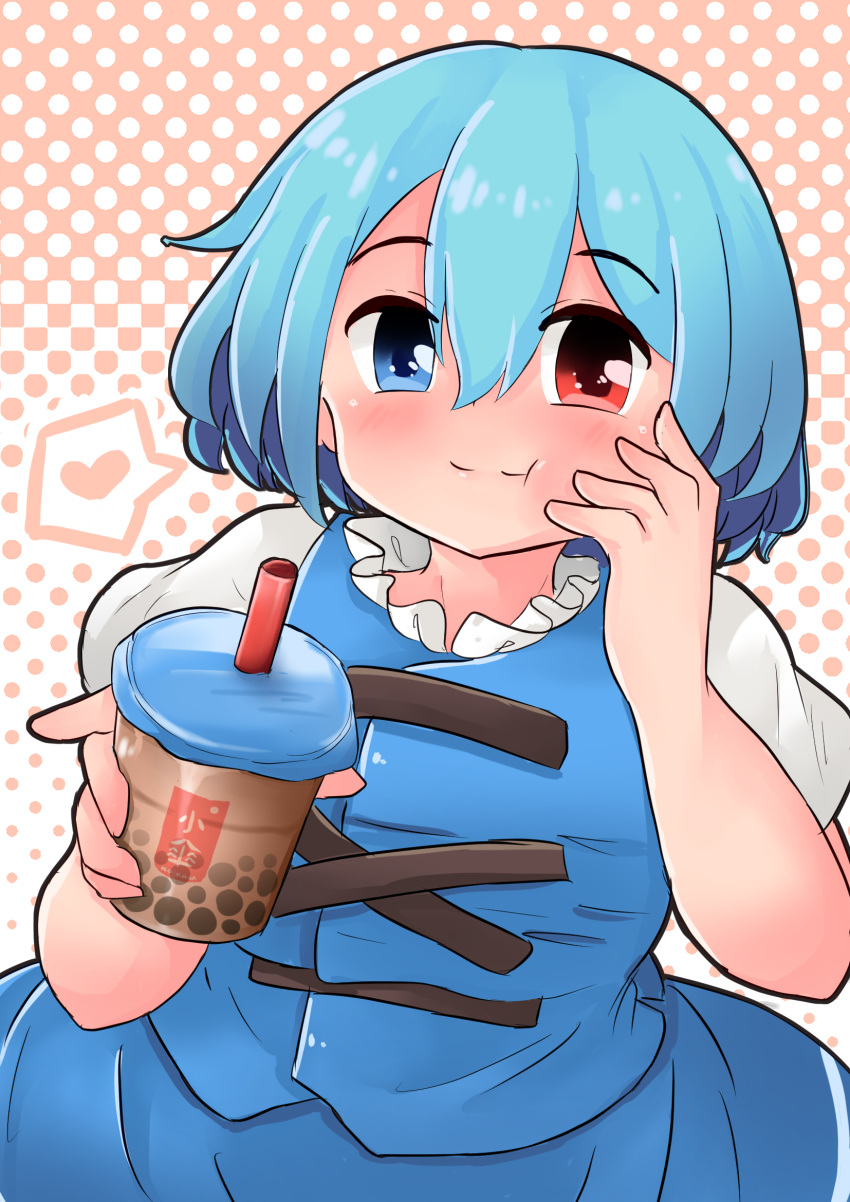 1girl, blue_eyes, blue_hair, blue_skirt, blue_vest, blush, bubble_tea, chewing, commentary_request, cup, debaa, disposable_cup, drink, drinking_glass, drinking_straw, eyebrows_visible_through_hair, frills, gradient, gradient_background, hand_on_own_cheek, heart, heterochromia, highres, holding, holding_cup, looking_at_viewer, moe, puffy_sleeves, red_eyes, short_hair, simple_background, skirt, smile, solo, tagme, tatara_kogasa, tea, touhou, vest