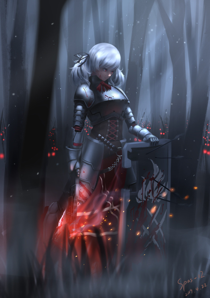 1girl, absurdres, alternate_costume, armor, armored_dress, arrow, axe, bangs, black_ribbon, blood, blood_splatter, bloody_clothes, breastplate, breasts, c-z-t, eyebrows_visible_through_hair, gauntlets, girls_frontline, gloves, glowing, glowing_eyes, greaves, gun, hair_ribbon, highres, holding, holding_gun, holding_shield, holding_weapon, large_breasts, light_particles, long_hair, looking_afar, moonlight, night, outdoors, red_eyes, ribbon, shield, shotgun, silver_hair, smile, solo, spas-12, spas-12_(girls_frontline), swinging, twintails, upper_body, weapon