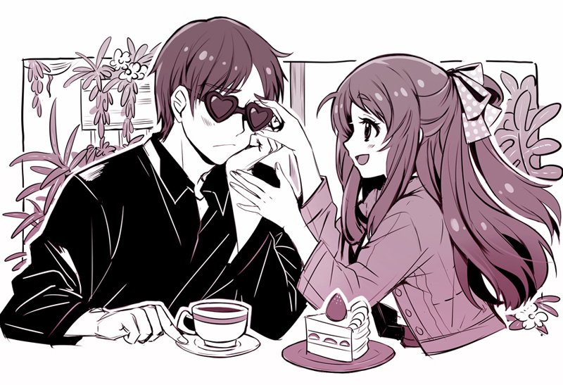 ahoge, black_shirt, bow, breasts, cake, cup, food, frown