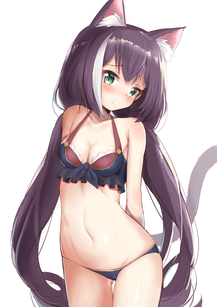 1girl, absurdres, animal_ear_fluff, animal_ears, arms_behind_back, bare_shoulders, bikini, blue_bikini