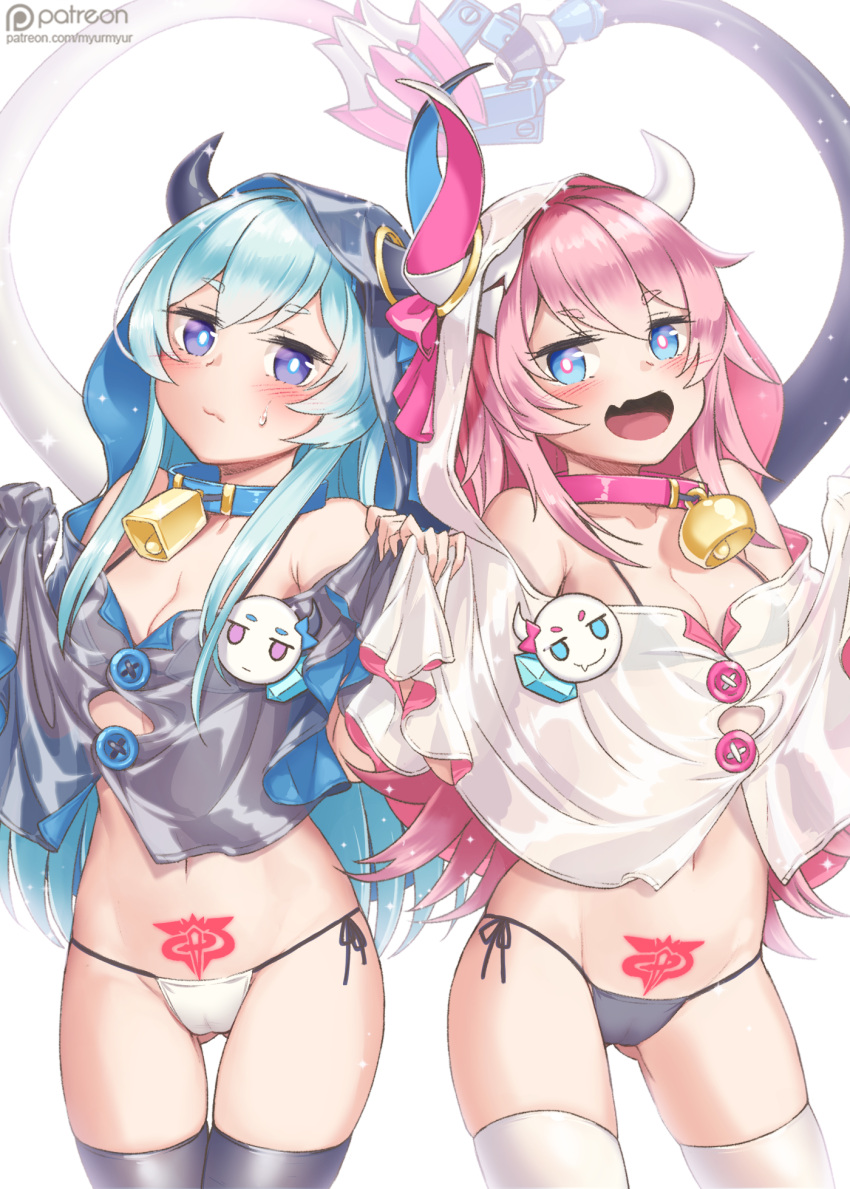 2girls, aqua_hair, artist_name, bare_shoulders, bell, bell_collar, bikini, bikini_under_clothes