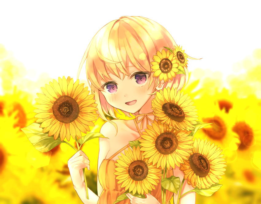 1girl, :d, absurdres, bangs, bare_arms, bare_shoulders, blurry, blurry_background, blush, collarbone, commentary_request, criss-cross_halter, depth_of_field, dress, eyebrows_visible_through_hair, flower, hair_between_eyes, hair_flower, hair_ornament, halterneck, head_tilt, highres, holding, holding_flower, hoshino_yura, looking_at_viewer, open_mouth, orange_dress, shirotori_haru, smile, solo, station_memories, sunflower, violet_eyes, white_background, yellow_flower