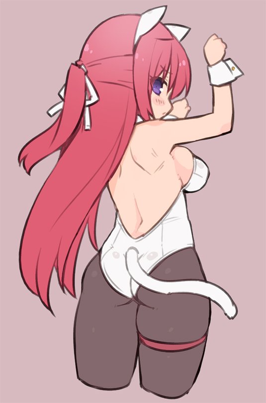 1girl, animal_ears, arms_up, ass, black_legwear, breasts, cat_ears, cat_tail