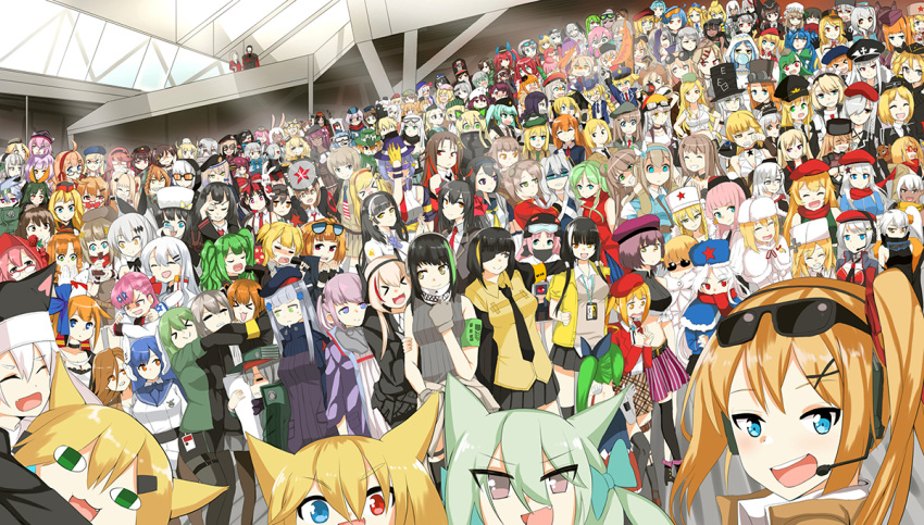 1boy, 404_(girls_frontline), 6+girls, animal_ears, anti-rain_(girls_frontline), astra_revolver_(girls_frontline), beret, bren_ten_(girls_frontline), c96_(girls_frontline), capoki, cat_ears, character_request, colt_m1873_(girls_frontline), commentary_request, cz-75_(girls_frontline), cz52_(girls_frontline), dog_ears, dsr-50_(girls_frontline), everyone, evo_3_(girls_frontline), eyewear_on_head, five-seven_(girls_frontline), fur_hat, g11_(girls_frontline), g36_(girls_frontline), g36c_(girls_frontline), g41_(girls_frontline), gewehr_88_(girls_frontline), girls_frontline, glasses, grizzly_mkv_(girls_frontline), group_hug, group_picture, hat, helmet, hk416_(girls_frontline), hug, klin_(girls_frontline), lee-enfield_(girls_frontline), long_hair, m14_(girls_frontline), m16a1_(girls_frontline), m1903_springfield_(girls_frontline), m1911_(girls_frontline), m1_garand_(girls_frontline), m3_grease_gun_(girls_frontline), m4_sopmod_ii_(girls_frontline), m4a1_(girls_frontline), m950a_(girls_frontline), mac-10_(girls_frontline), makarov_(girls_frontline), micro_uzi_(girls_frontline), military, military_hat, military_uniform, mp-446_viking_(girls_frontline), mp-448_(girls_frontline), mp40_(girls_frontline), mp5_(girls_frontline), multiple_girls, nagant_revolver_(girls_frontline), negev_(girls_frontline), nun, nz_75_(girls_frontline), p7_(girls_frontline), pantyhose, peaked_cap, ppk_(girls_frontline), pps-43_(girls_frontline), qbz-97_(girls_frontline), rabbit_ears, rfb_(girls_frontline), ro635_(girls_frontline), short_hair, spitfire_(girls_frontline), sr-3mp_(girls_frontline), st_ar-15_(girls_frontline), stechkin_(girls_frontline), sten_mk2_(girls_frontline), sunglasses, suomi_kp31_(girls_frontline), sv-98_(girls_frontline), thigh-highs, thompson/center_contender_(girls_frontline), thompson_submachine_gun_(girls_frontline), thunder_(girls_frontline), tmp_(girls_frontline), tokarev_(girls_frontline), top_hat, twintails, type_100_(girls_frontline), ump40_(girls_frontline), ump45_(girls_frontline), ump9_(girls_frontline), uniform, ushanka, vector_(girls_frontline), vz.61_(girls_frontline), wa2000_(girls_frontline), walther_p99_(girls_frontline), welrod_mk2_(girls_frontline)