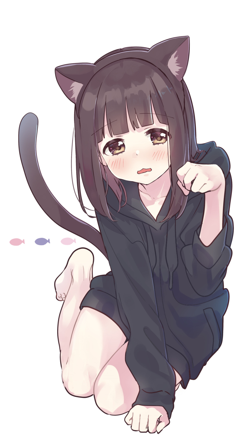 1girl, animal_ear_fluff, animal_ears, bangs, barefoot, black_hoodie, blush, brown_eyes