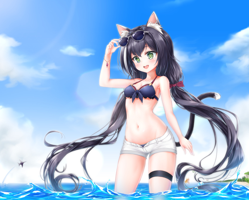 1girl, :d, animal_ear_fluff, animal_ears, arm_up, armpits, bangs, bare_shoulders