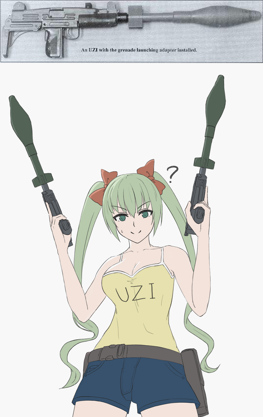 1girl, ?, belt_pouch, breasts, dual_wielding, explosive, girls_frontline, green_eyes