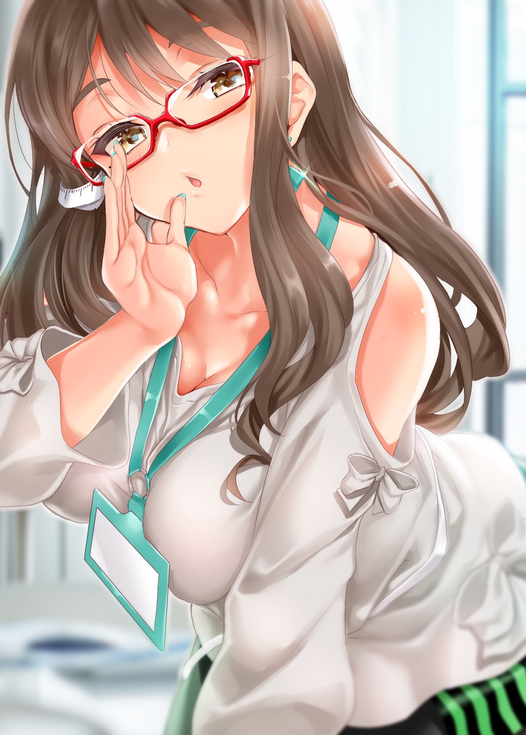 1girl, :o, bare_shoulders, blush, breasts, brown_eyes, brown_hair, cleavage