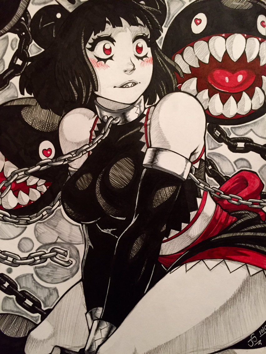 bangs, bare_shoulders, black_dress, black_gloves, black_hair, blunt_bangs, blush, breasts