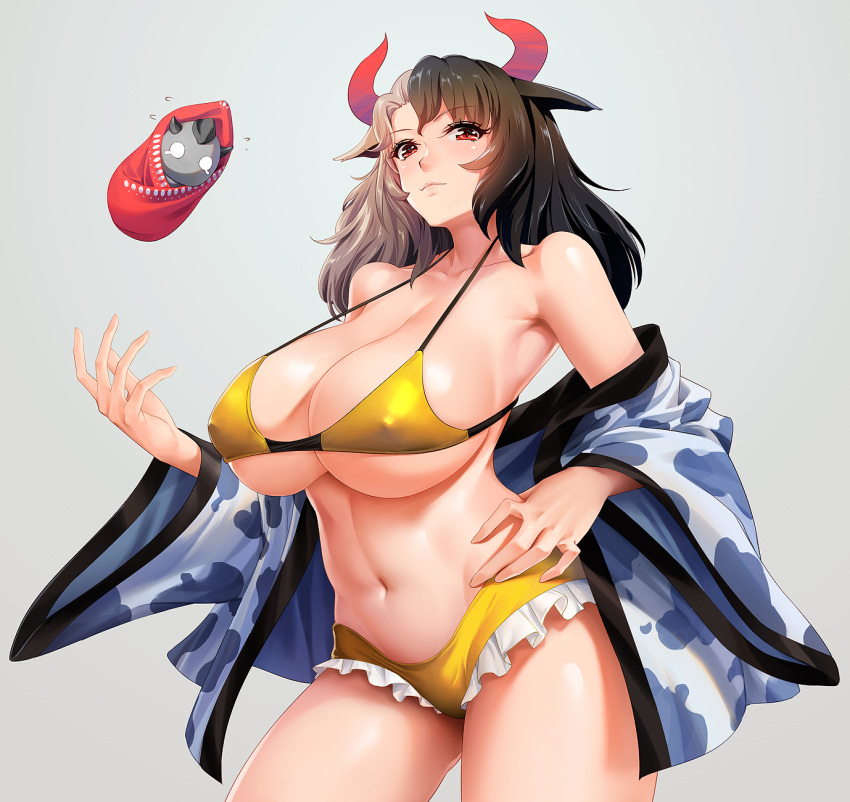 1girl, animal_ears, bangs, bare_shoulders, bikini, black_hair, collarbone, commentary_request