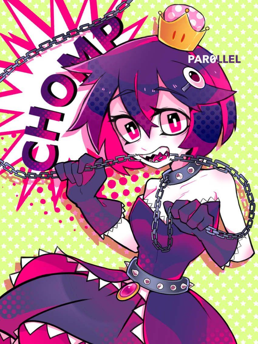 bare_shoulders, biting, black_dress, black_gloves, black_hair, bob_cut, broken, broken_chain