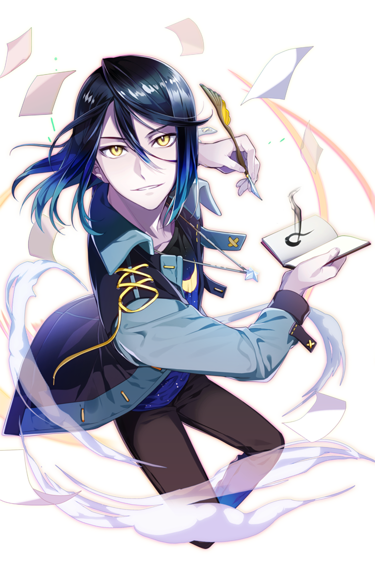 1boy, black_hair, black_pants, blue_hair, blue_shirt, book, gradient_hair, hair_between_eyes