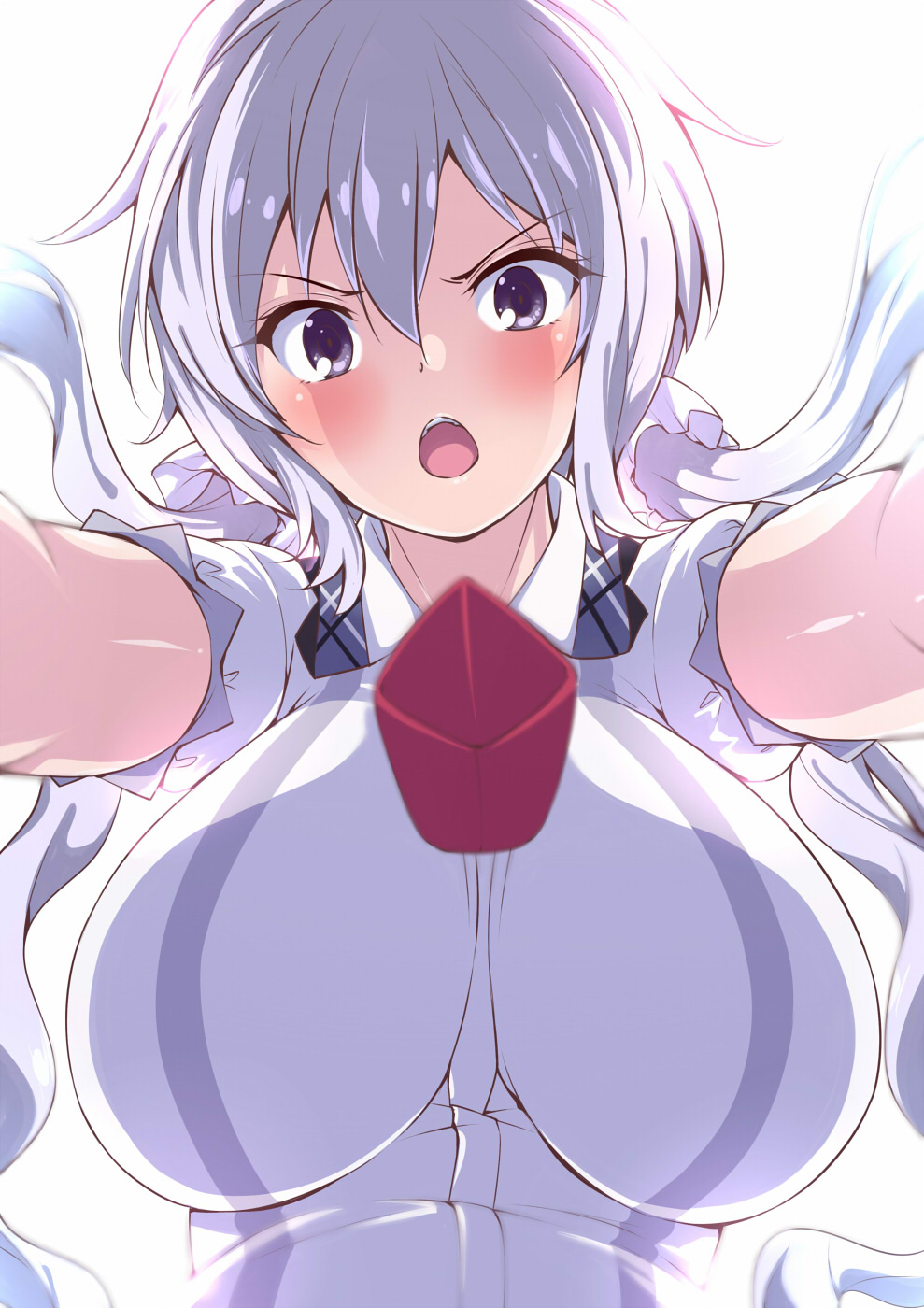 1girl, amasora_taichi, blush, breasts, commentary_request, foreshortening, from_below, hair_between_eyes, highres, jewelry, large_breasts, lavender_hair, long_hair, looking_at_viewer, low_twintails, lydian_academy_uniform, open_mouth, pendant, purple_hair, scrunchie, senki_zesshou_symphogear, solo, twintails, violet_eyes, yukine_chris