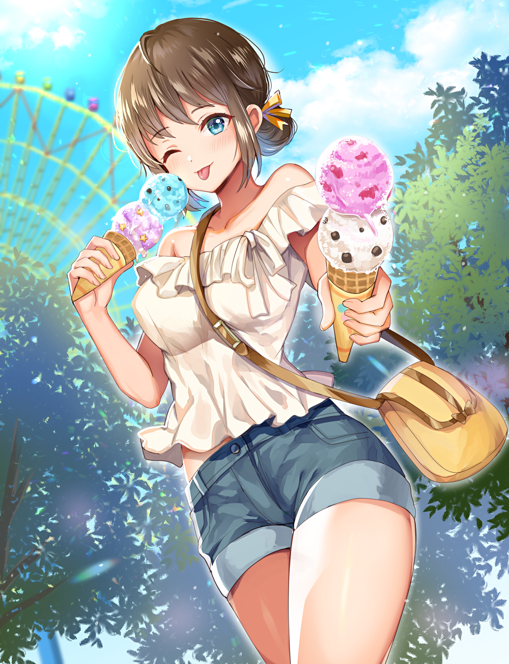 1girl, bag, bare_shoulders, blue_eyes, blue_sky, blurry, blush, breasts, brown_hair, clouds, cloudy_sky, collarbone, commentary_request, cowboy_shot, day, denim, denim_shorts, depth_of_field, ferris_wheel, food, giving, hair_bun, hair_ribbon, highres, holding, holding_food, ice_cream, ice_cream_day, looking_at_viewer, medium_breasts, meisuke_mei, midriff_peek, off-shoulder_shirt, off_shoulder, one_eye_closed, original, outdoors, outstretched_arm, ribbon, shirt, short_hair, short_shorts, shorts, shoulder_bag, sidelocks, sky, solo, standing, thighs, tongue, tongue_out, tree, white_shirt, yellow_ribbon