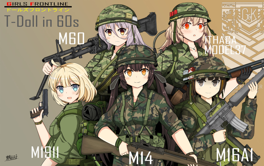 5girls, 60s, absurdres, assault_rifle, battle_rifle, camouflage, character_name, commentary_request