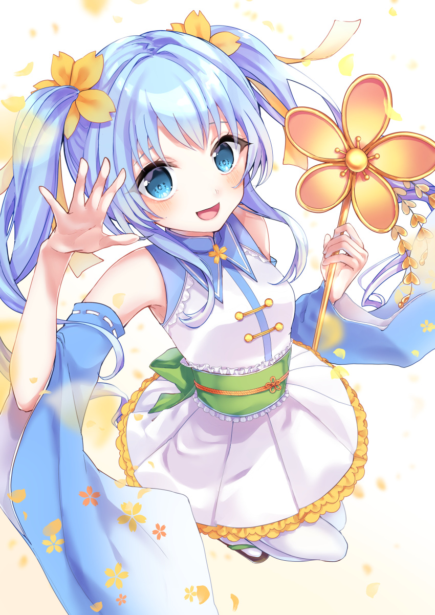 1girl, :d, absurdres, bangs, bare_shoulders, blue_eyes, blue_hair, blue_sleeves