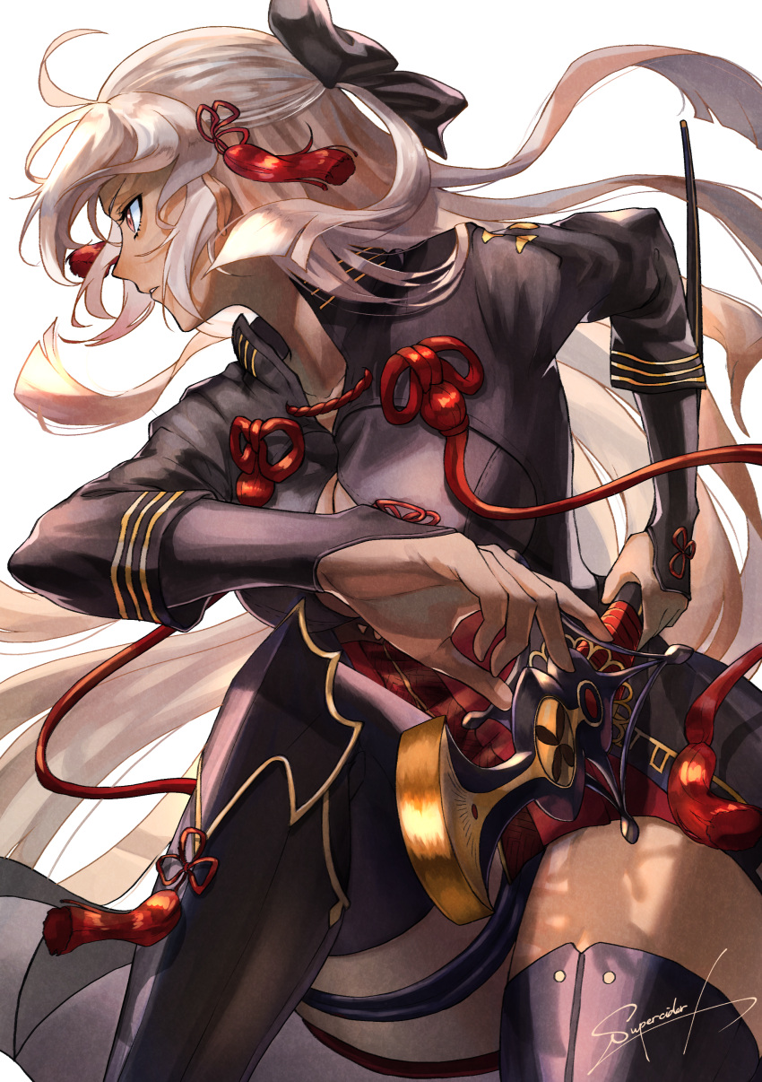 1girl, absurdres, arm_guards, black_bow, black_coat, boots, bow, breasts