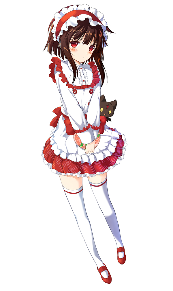 1girl, alternate_costume, blush, brown_hair, cat, chocolate, chocolate_heart, chomusuke