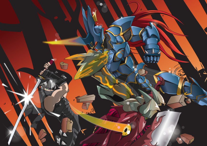 2boys, absurdres, armor, battle, blue_armor, claws, crossover, dead_or_alive