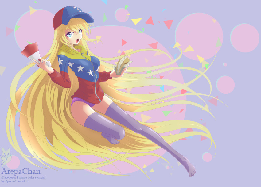 1girl, absurdres, aqua_eyes, arepa, arepa-chan, blonde_hair, food, hat