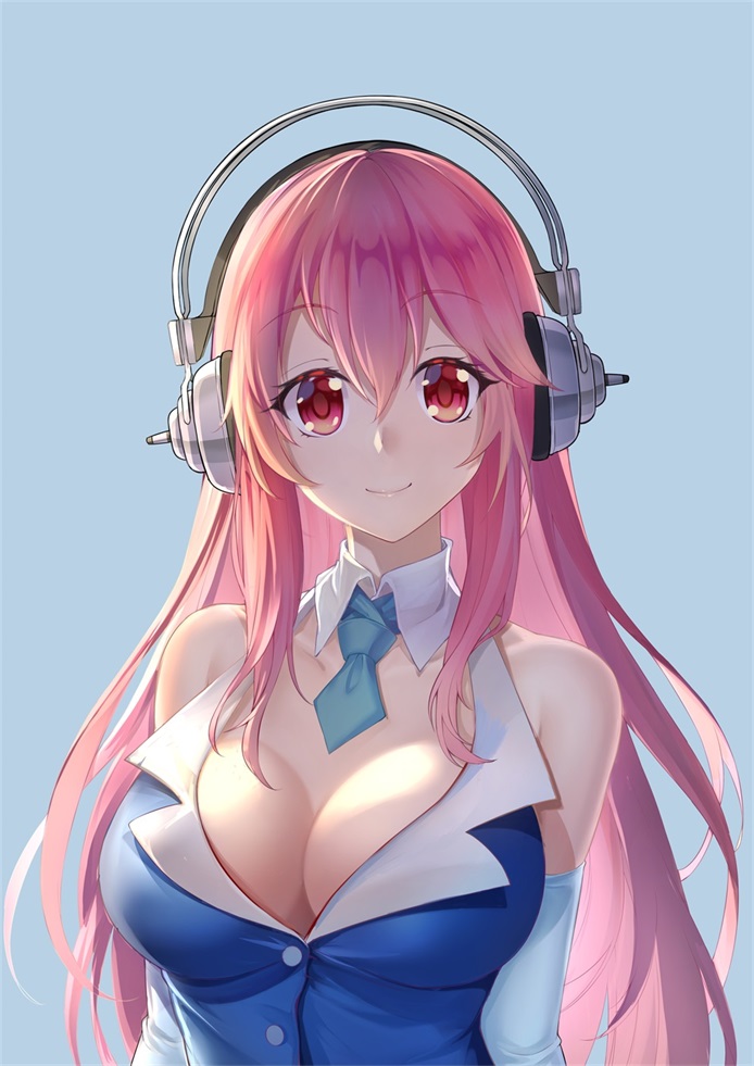 1girl, andy_h, bare_shoulders, breasts, cleavage, elbow_gloves, gloves, headphones, large_breasts, looking_at_viewer, nitroplus, pink_eyes, pink_hair, smile, solo, super_sonico, upper_body