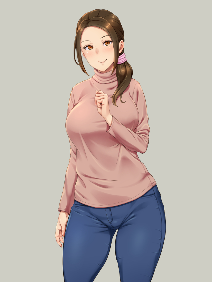 1girl, blush, breasts, brown_eyes, brown_hair, denim, forehead, grey_background