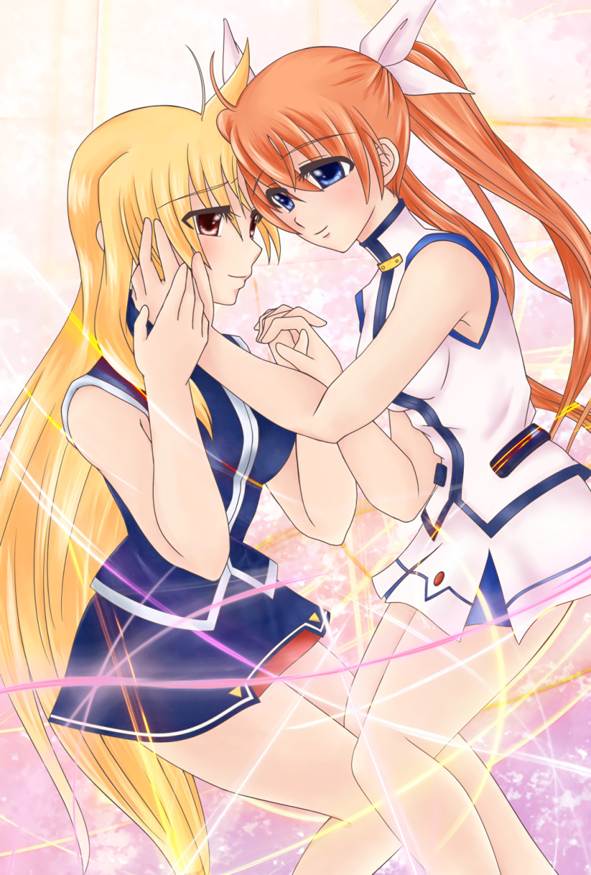 2girls, blonde_hair, blue_eyes, blush, couple, fate_testarossa, hair_ornament, hair_ribbon