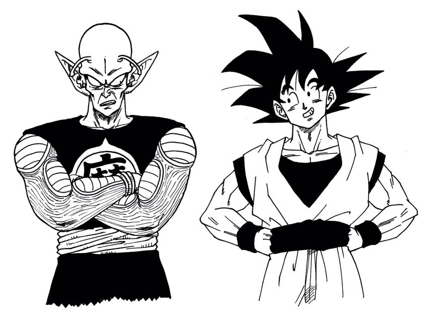 2boys, antennae, black_eyes, black_hair, black_shirt, clenched_teeth, clothes_writing, commentary_request