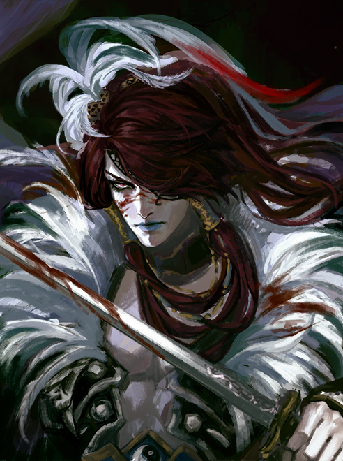 1boy, black_background, blood, blood_on_face, bloody_clothes, bloody_weapon, blue_lips, feather_hair_ornament