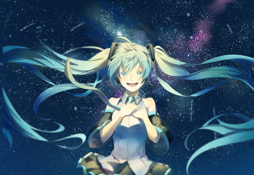 1girl, :d, bare_shoulders, black_skirt, blue_eyes, blue_hair, blue_neckwear, breasts