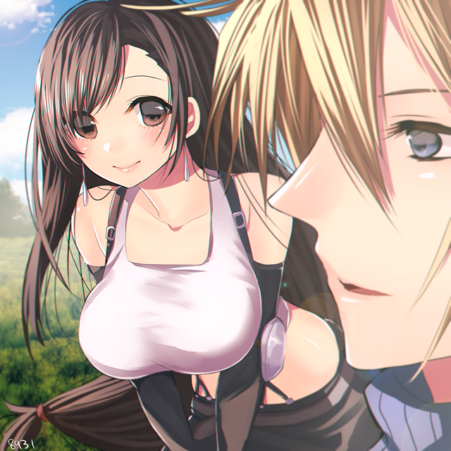 1boy, 1girl, bangs, bare_shoulders, black_hair, black_skirt, blonde_hair, blue_eyes