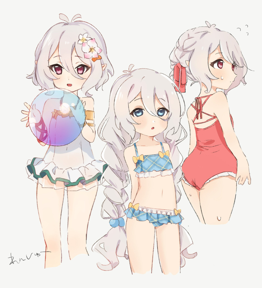 3girls, arms_behind_back, ass, ball, beachball, bikini, blue_bikini, blue_eyes