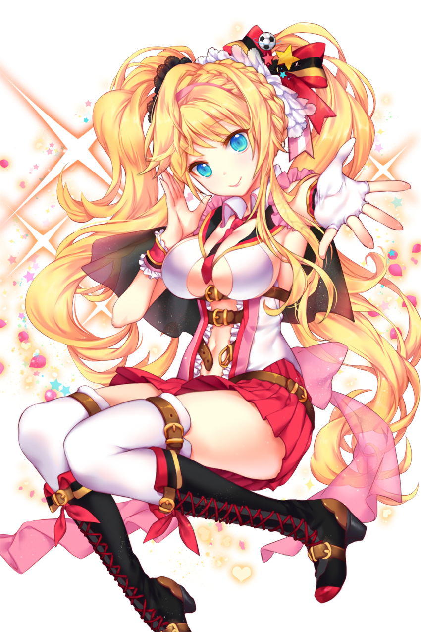 1girl, ahoge, belt, bittersweet_(dalcoms), black_footwear, blue_eyes, bow, breasts