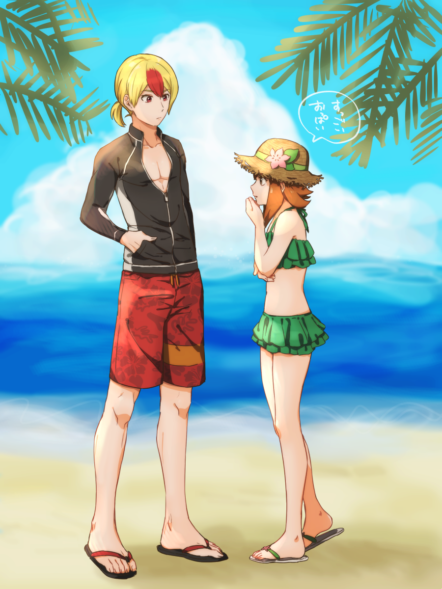 1boy, 1girl, beach, bikini, blonde_hair, blue_sky, brown_eyes, brown_hair