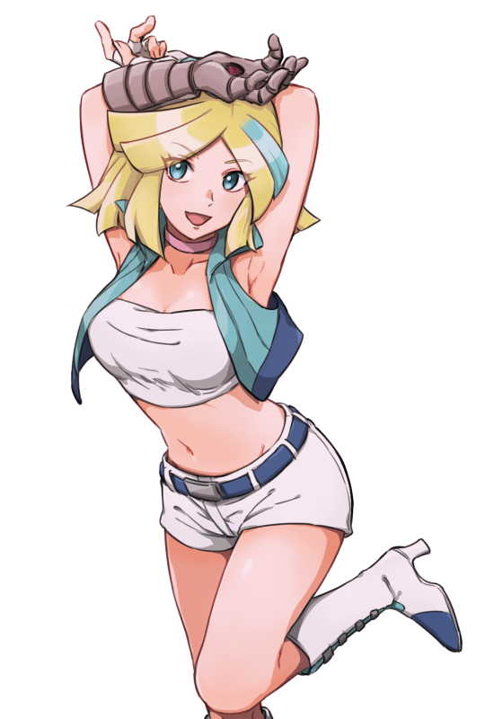1girl, :d, blonde_hair, blue_eye_(pokemon), blue_eyes, boots, breasts, creatures_(company)